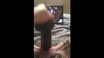 Fucking my tiny pussy with moms huge bbc dildo while watching gangbang porn