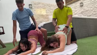Falsos entrenadores se follan a latinas en una clase de yoga - Sara Blonde y Stefany Star -Pee y cum