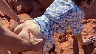 Wife fucks friend in front of husband while on public hike in the desert Sloppy seconds creampie