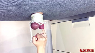Pervert girl tied a dick with balls and pulls for them on the milking table AnnyCandy Painboy