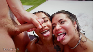 Outdoor Gangbang 9 Guys Fuck 2 Sluts in Lingerie with Anal and DP