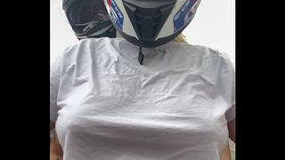Female motorcycle girl from 99 picks up male passenger and asks him to scratch her nipples while riding! He gets a hard-on on top of the bike and cums all over it!