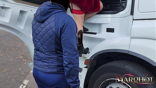 A slutty MILF shows off in a truck stop parking lot and gets fucked by a trucker