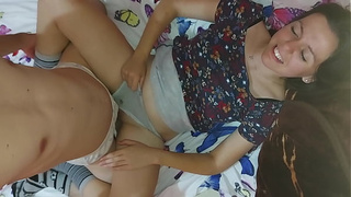 Cute stepsister plays with stepbrother's big cock and they end up fucking