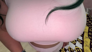 A stepmom with a juicy big booty lay down on the bed waiting for her husband, but she waited for her stepson and, without warning, treated her to triple pleasure in every secret area