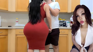 BIG ASS STEPMOM FUCKS IN THE KITCHEN AFTER SEEING HIS BIG BONER