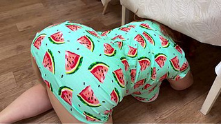 stepmom bent under the table and received a dick in the ass from her stepson and gave him a blowjob