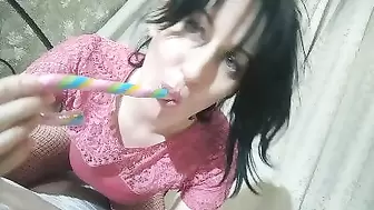 she sucks a Lollipop and shoves it in her hairy pussy GinnaGg