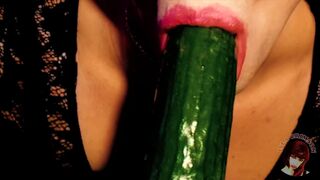 Cute Shemale Sucks Huge Cucumber And Rides It With Her Tight Ass That Grips